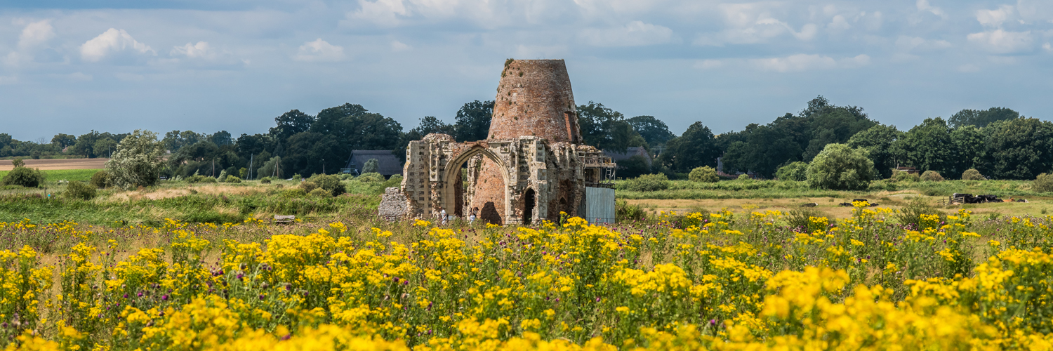 st benets abbey surrounded by yellow flowers on a sunny day